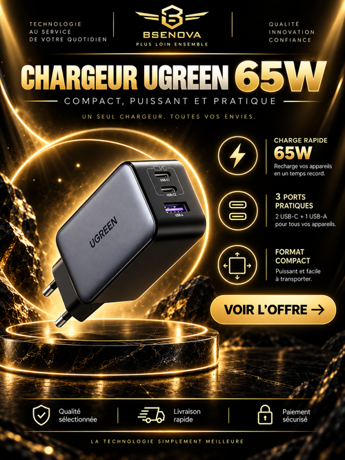 Chargeur UGREEN 65W 3 ports - sélection BSENOVA