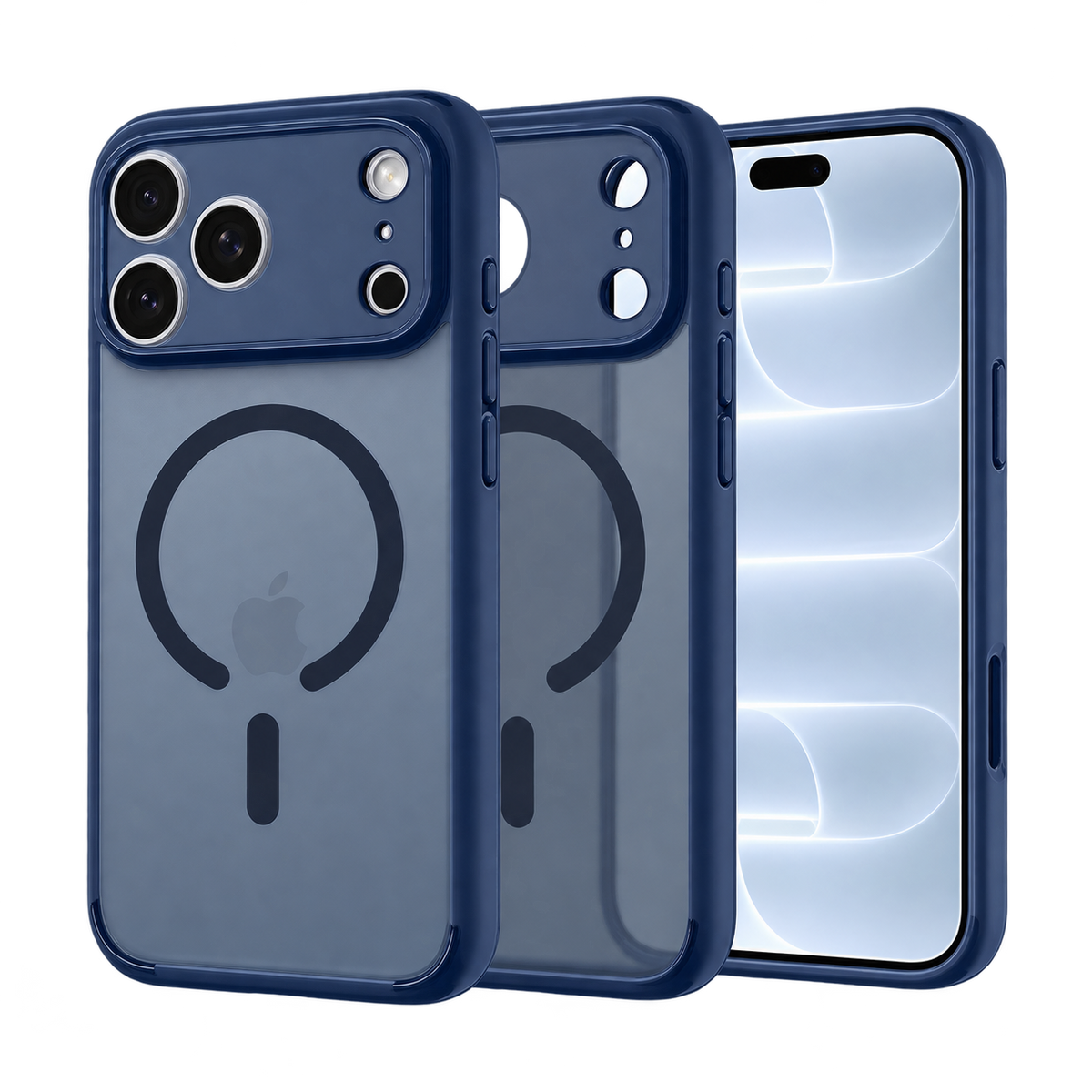 Spigen Ultra Hybrid MagFit bleu foncé pour iPhone 18 Pro sur fond transparent